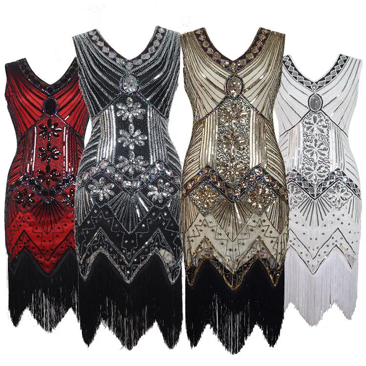 1920s vintage premium sequins beaded sleeves evening gowns | Tassels dress costume dress