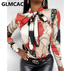 2021 Women's Tie Neck Scarf Print Long Sleeve Blouse Sizes S - 2XL