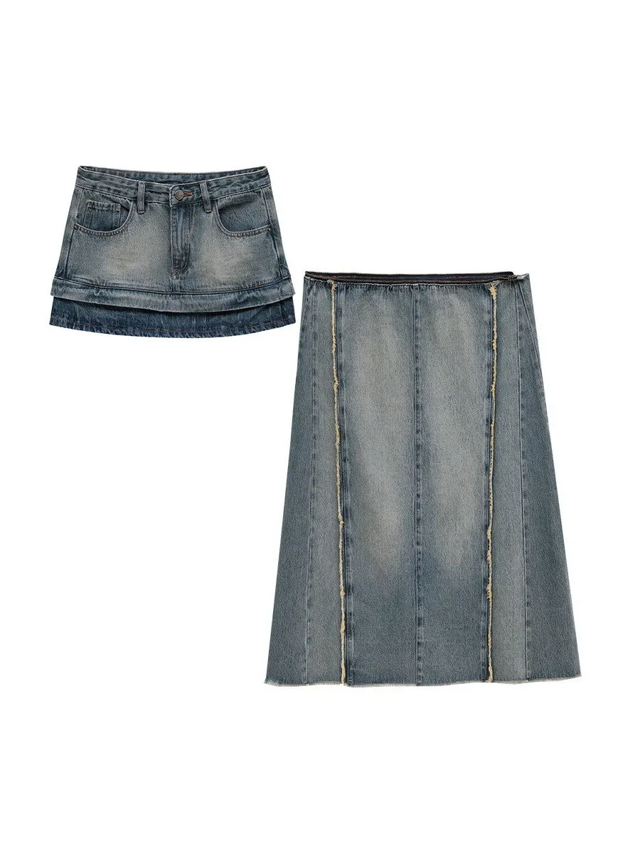 2Way Unique Denim Vintage Short-Skirt Long-Skirt