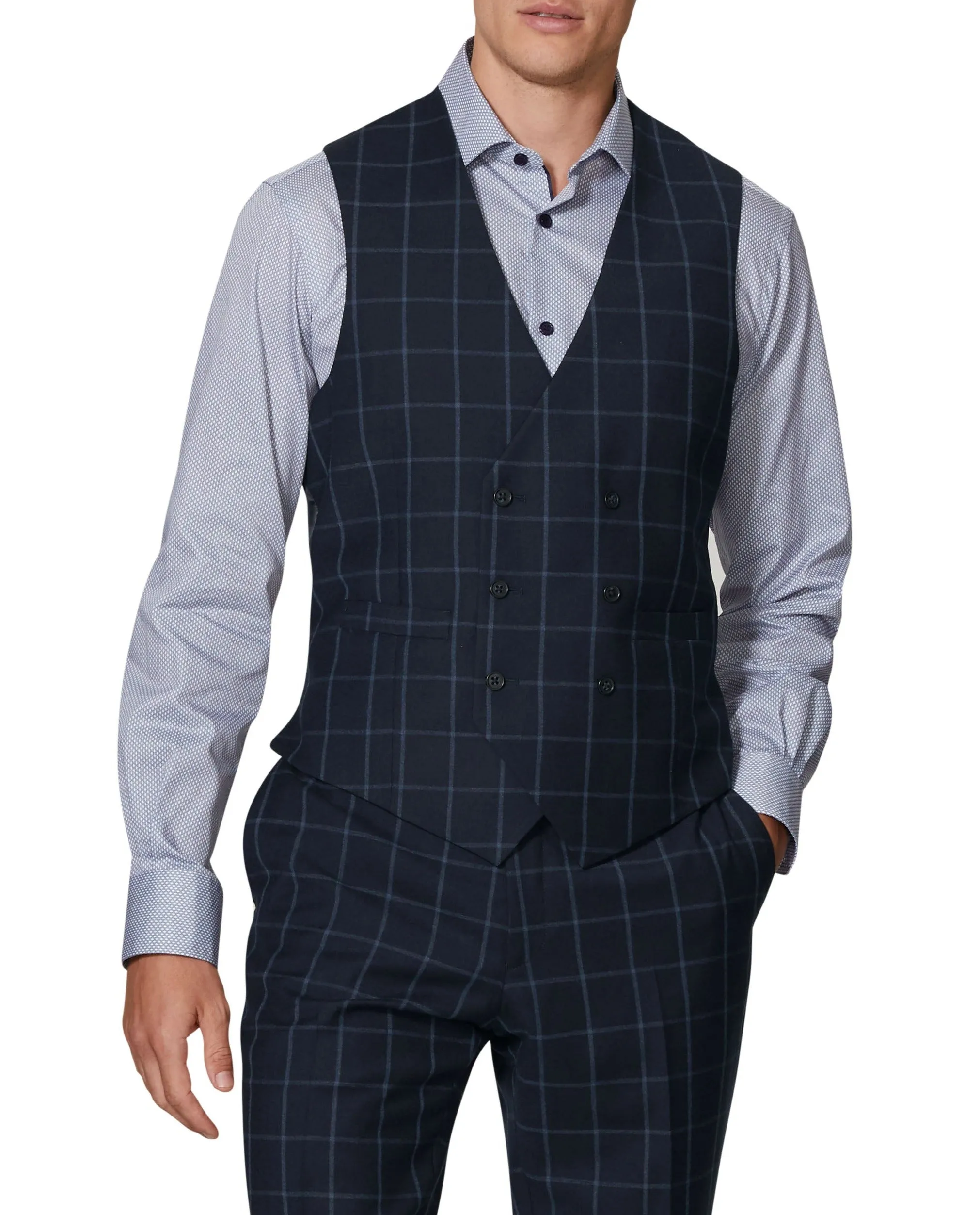 Adelphi Statement Slim Fit Navy Windowpane Check Waistcoat