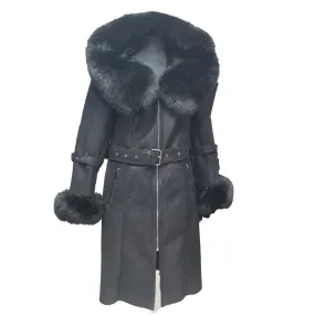 Allis Black Belted Shearling coat with large fox fur hoodie