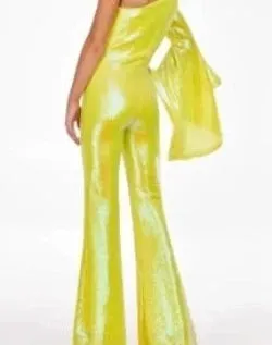 Ashley Lauren 11047 Size 0 Yellow One Long Bell Sleeve Flare Sequin Jumpsuit Pageant Wear