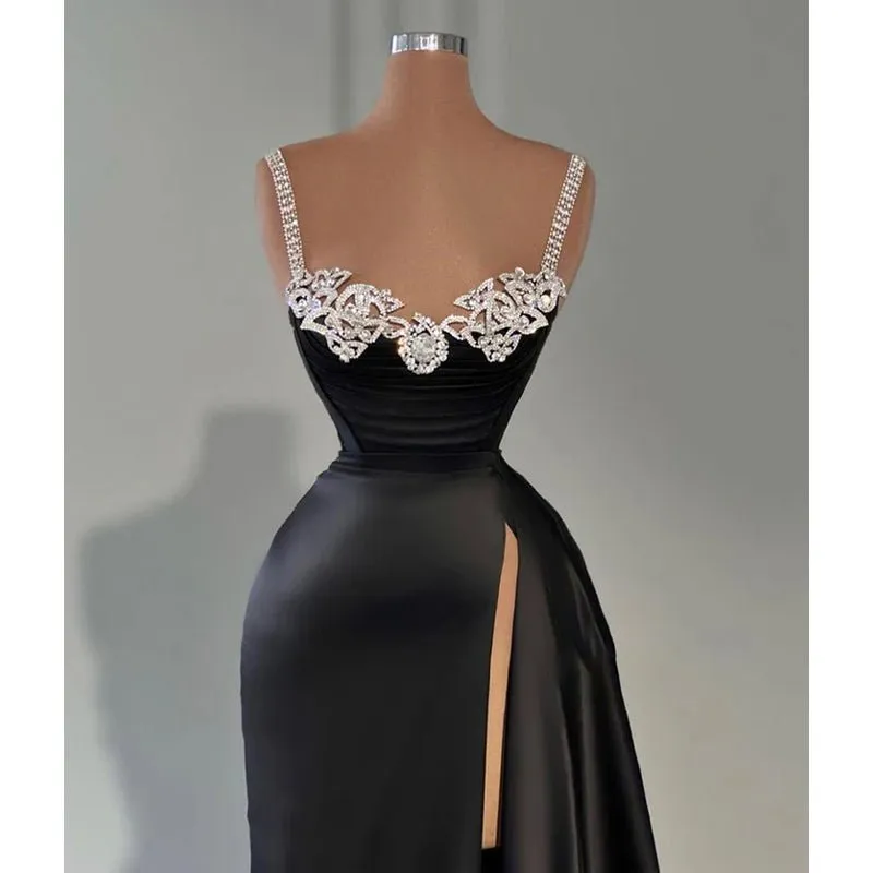 Attractive Beaded Spaghetti Straps Long Prom Dress with Slit Evening Gowns