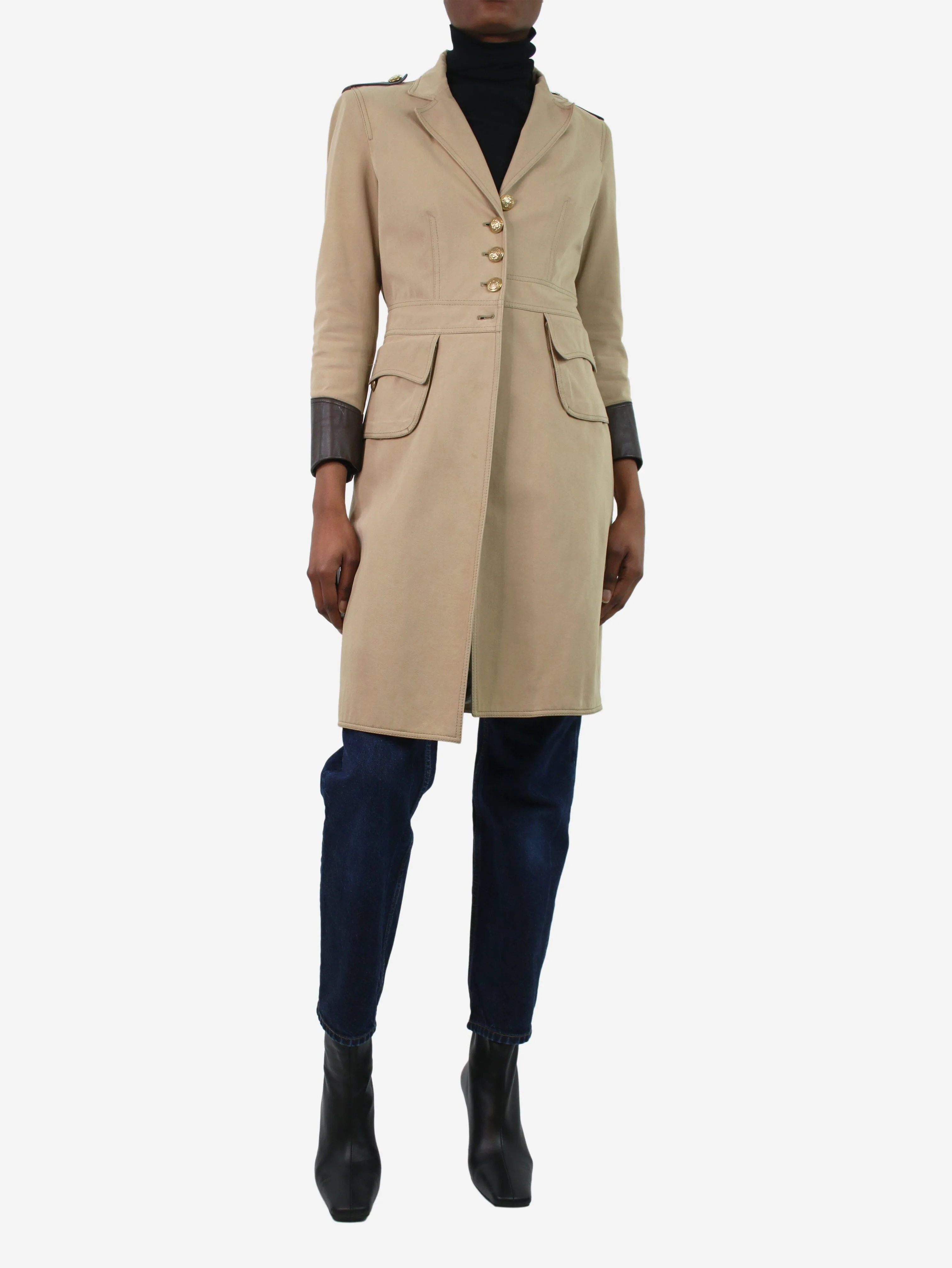 Beige canvas coat with leather trim - size UK 4