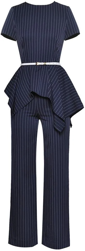 Belted Asymmetrical Pinstripe Jumpsuit