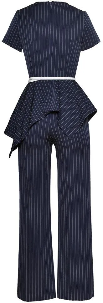 Belted Asymmetrical Pinstripe Jumpsuit