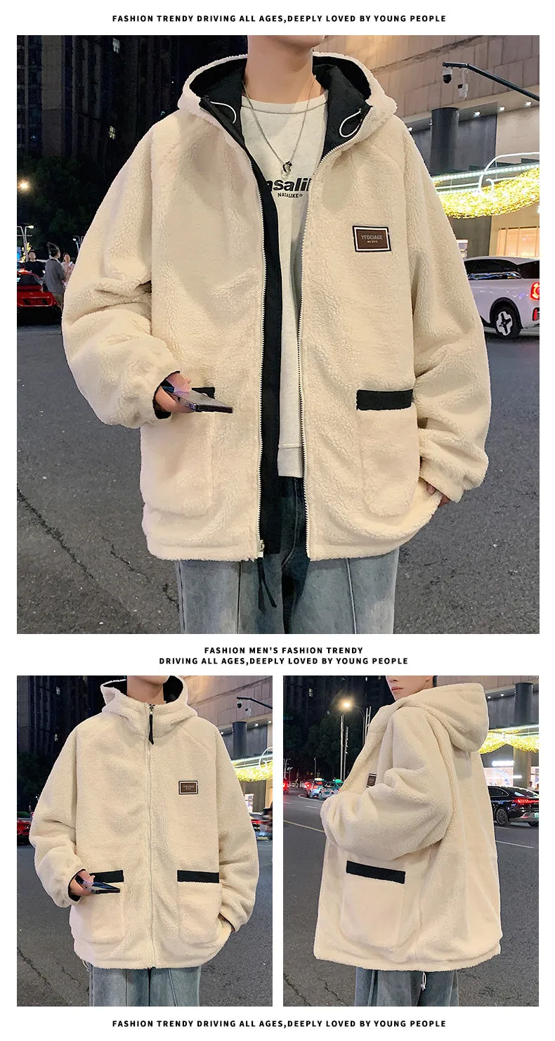 Berber Fleece Outerwear Men's  Winter Fleece-lined Thickened Casual Loose Hood Jacket Boys Double-Sided Wear Winter clothes Cotton-Padded Coat