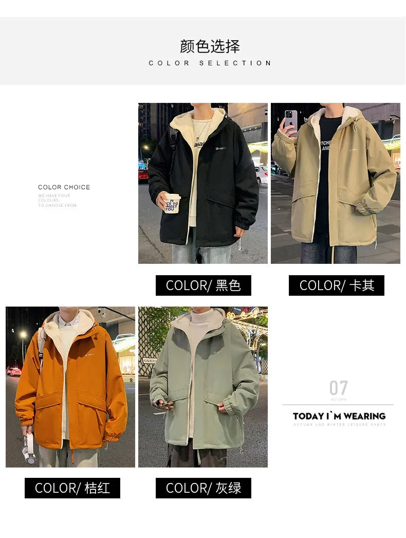 Berber Fleece Outerwear Men's  Winter Fleece-lined Thickened Casual Loose Hood Jacket Boys Double-Sided Wear Winter clothes Cotton-Padded Coat