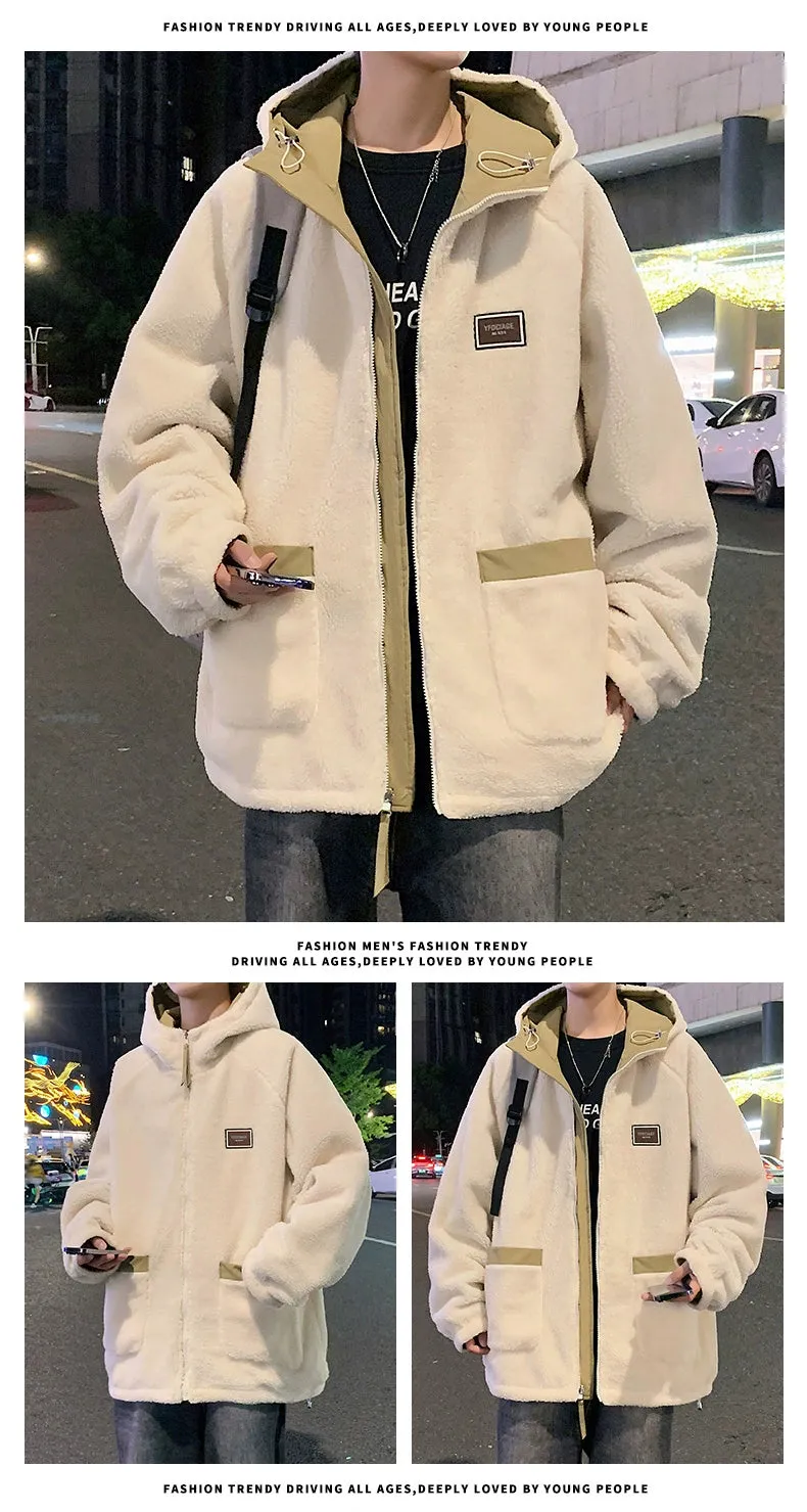 Berber Fleece Outerwear Men's  Winter Fleece-lined Thickened Casual Loose Hood Jacket Boys Double-Sided Wear Winter clothes Cotton-Padded Coat