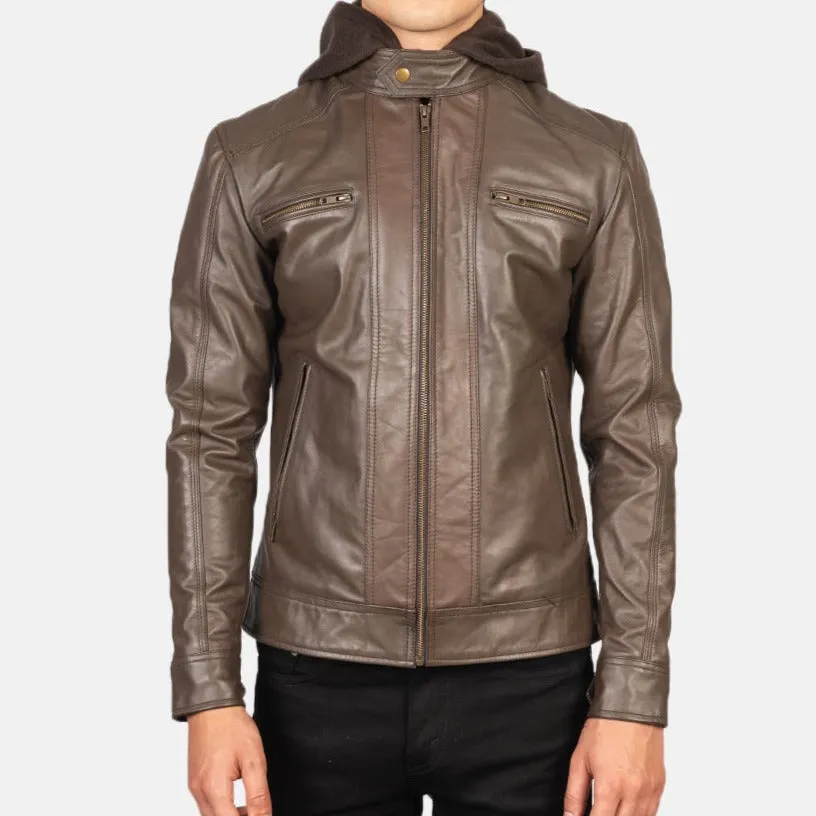 BIKER-1435 MUSH Brown Hooded Leather Biker Jacket