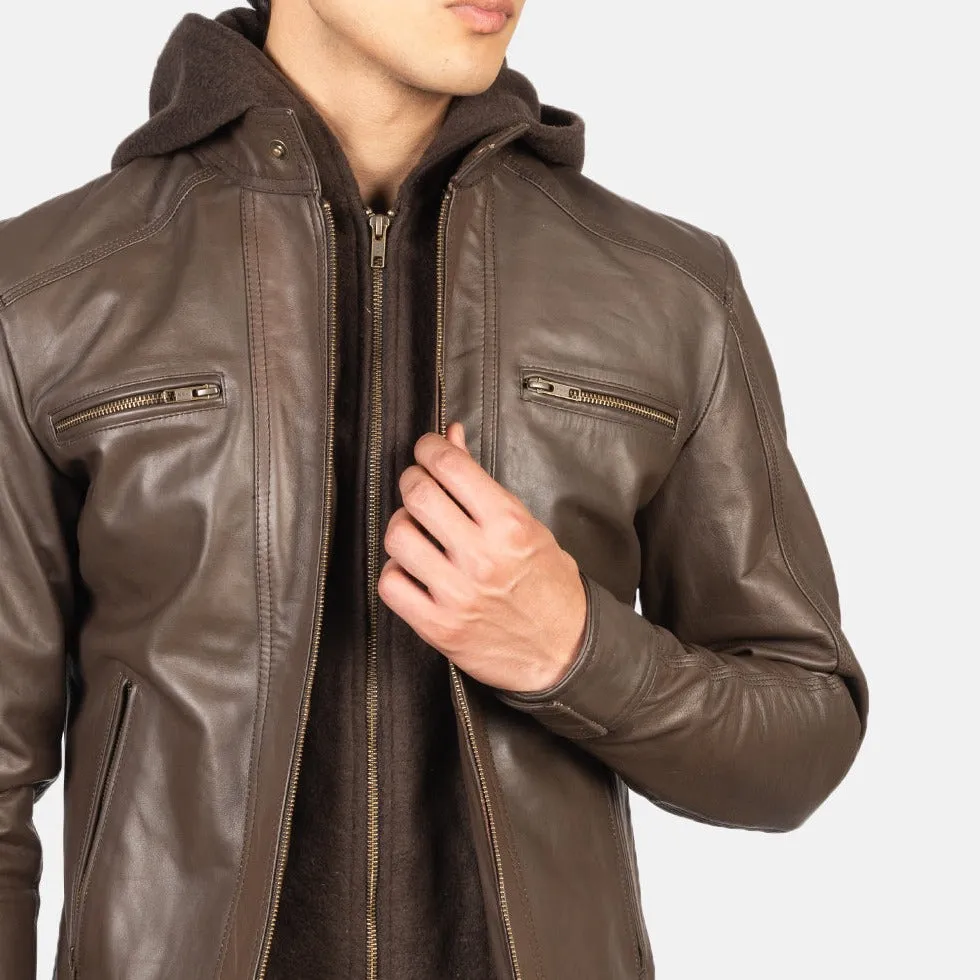 BIKER-1435 MUSH Brown Hooded Leather Biker Jacket