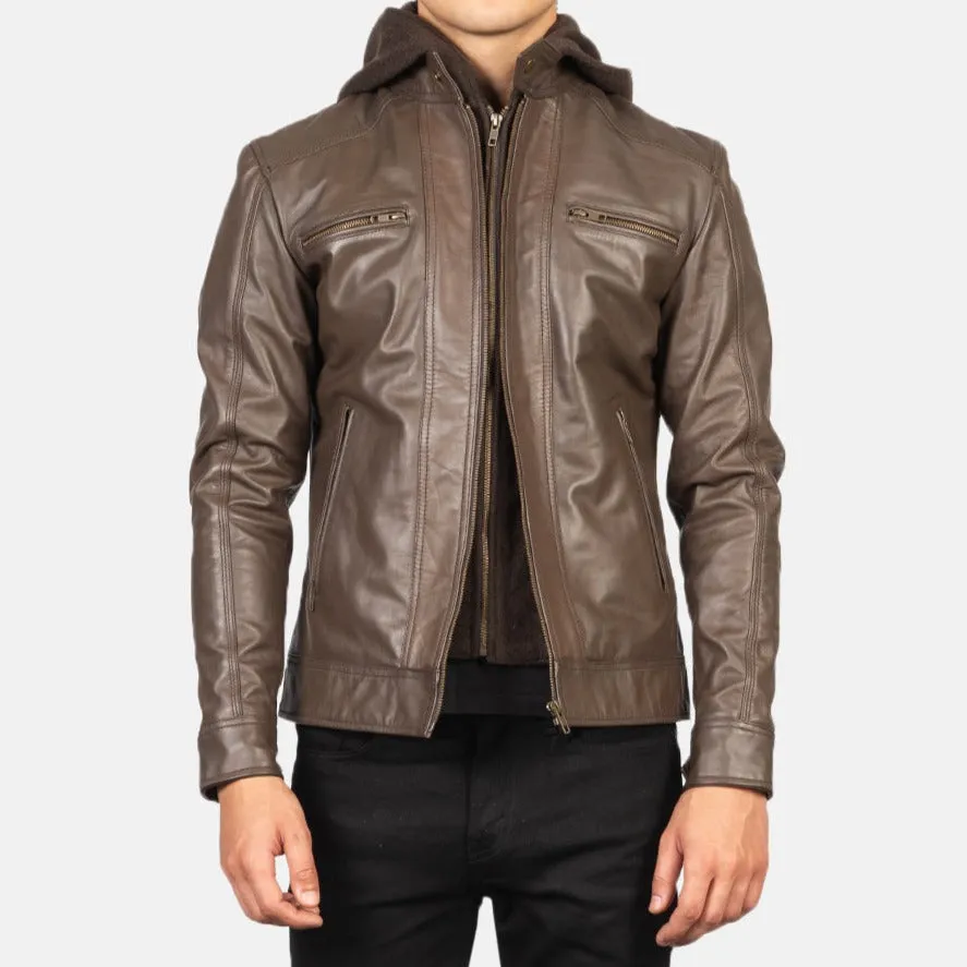 BIKER-1435 MUSH Brown Hooded Leather Biker Jacket