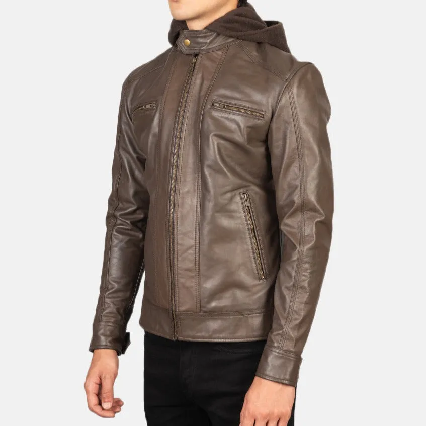 BIKER-1435 MUSH Brown Hooded Leather Biker Jacket