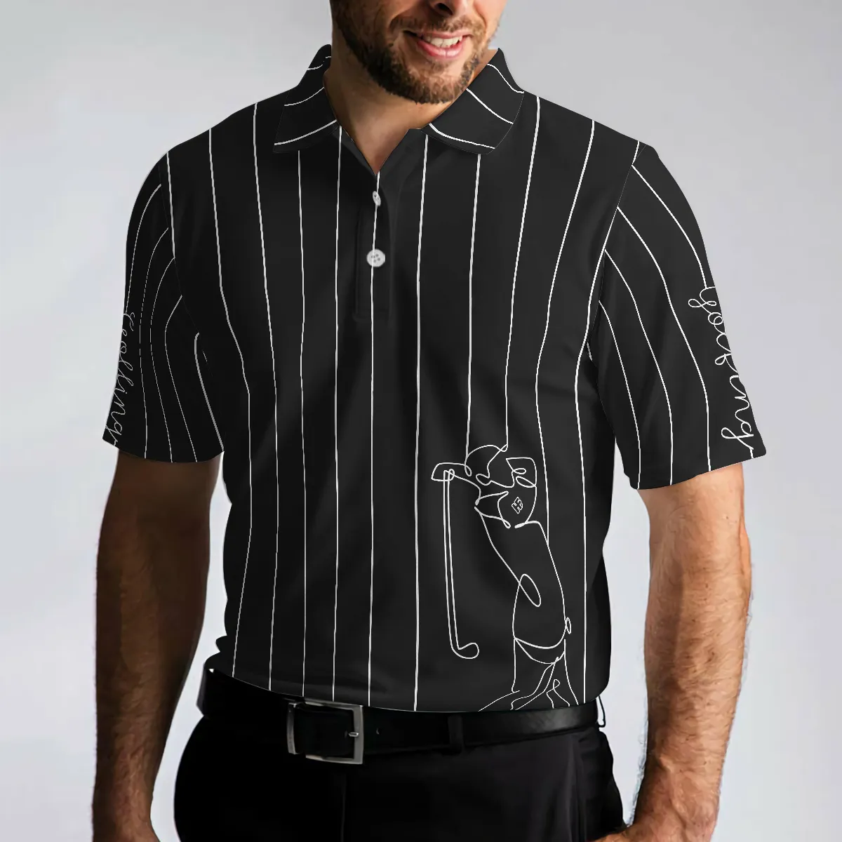 Black & White Single Line Continuous Golfer Shirt Polo Shirt, Vertical Lines Golfing Polo Shirt, Best Golf Shirt For Men