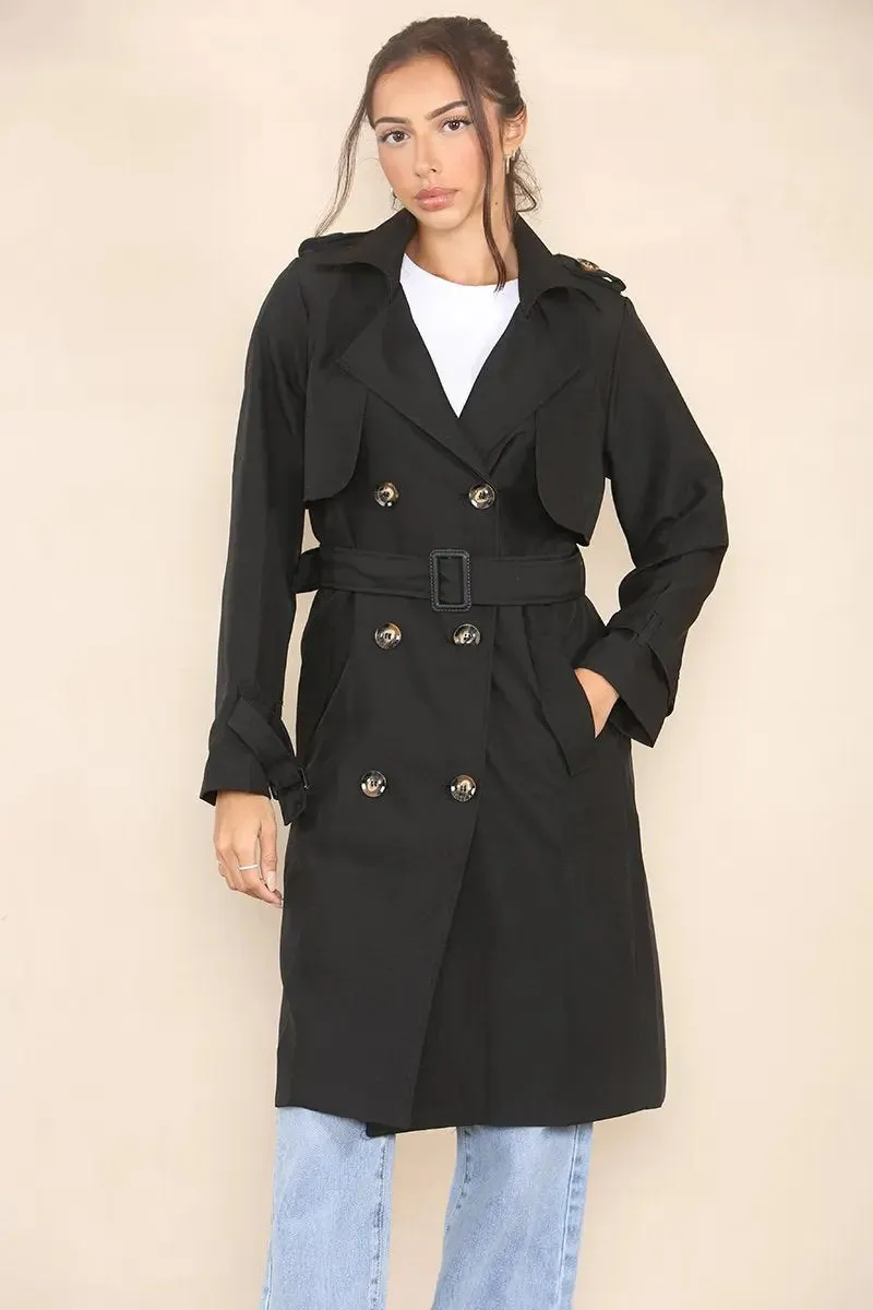 Black Notch Lapel Double Breasted Belt Decor Trench Coat