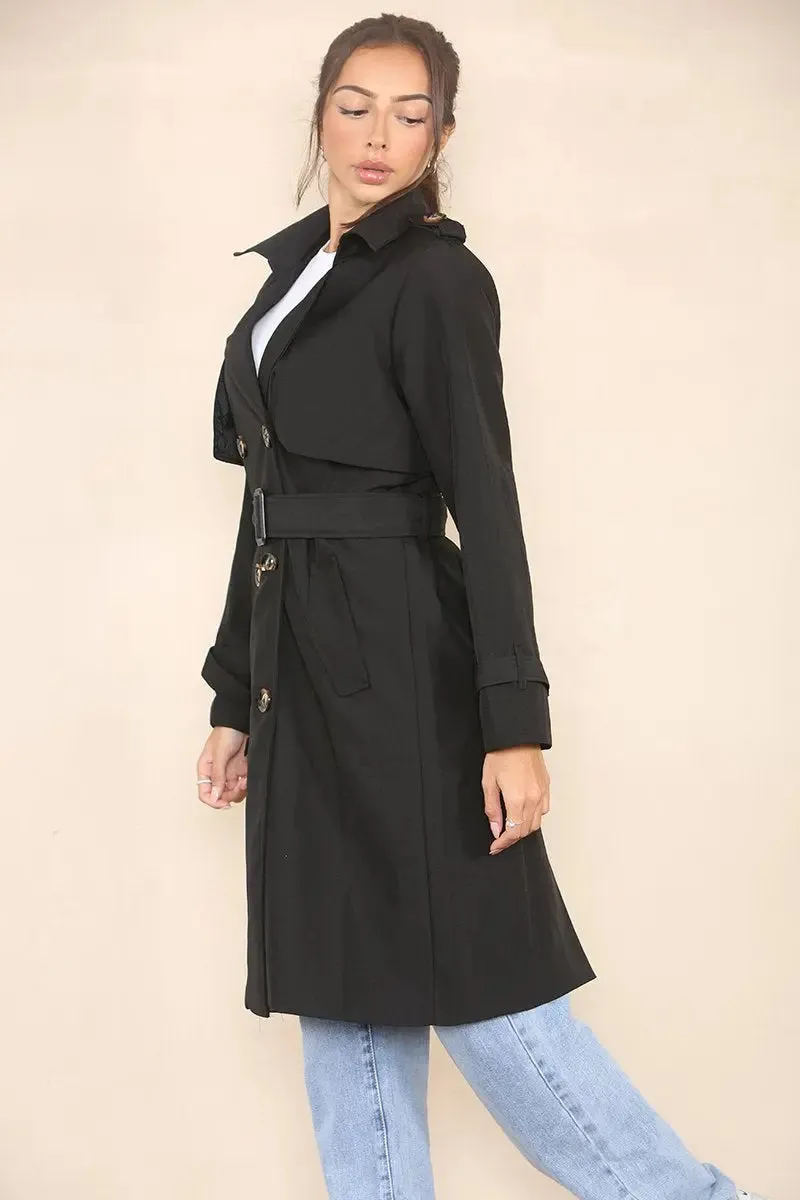 Black Notch Lapel Double Breasted Belt Decor Trench Coat