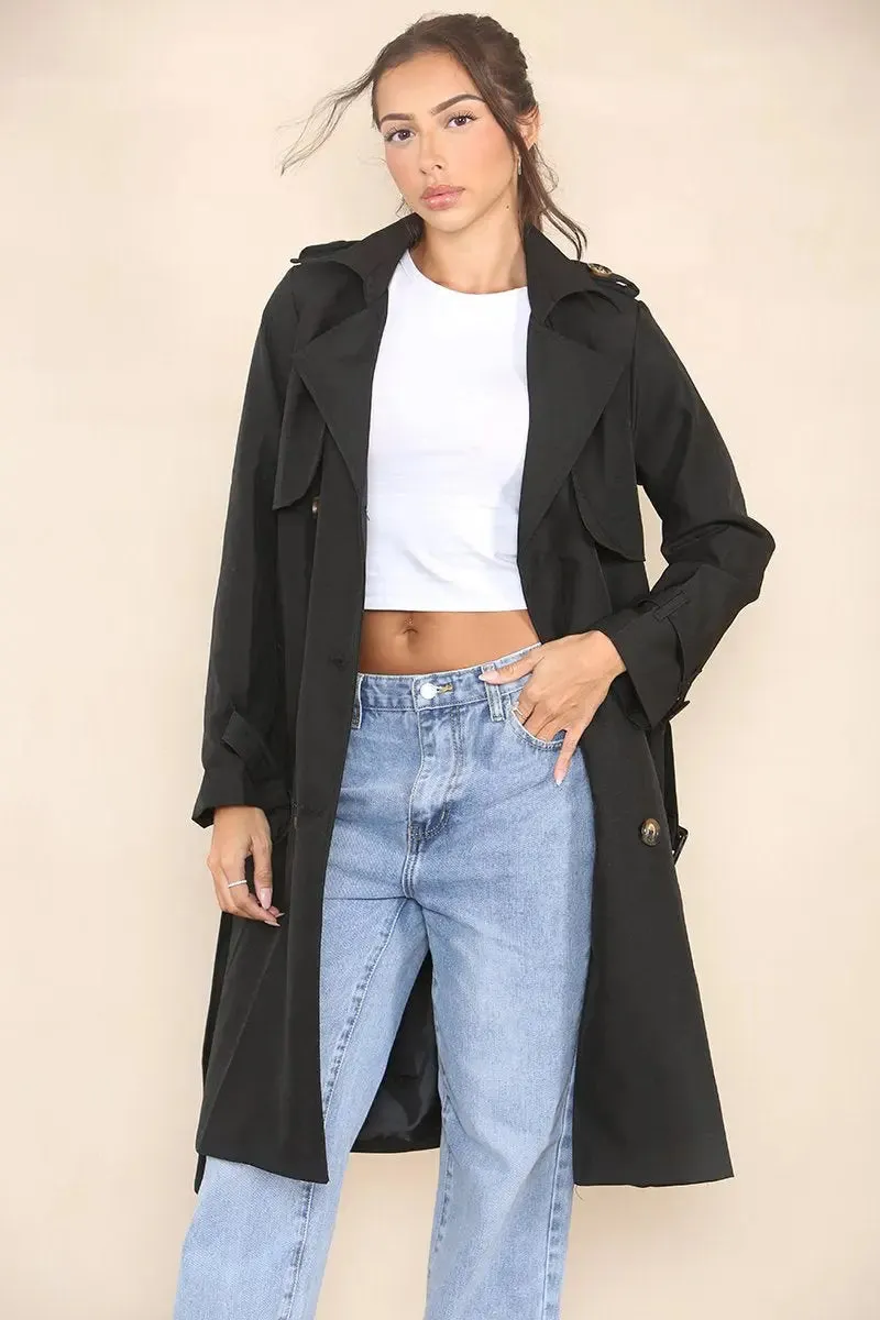 Black Notch Lapel Double Breasted Belt Decor Trench Coat