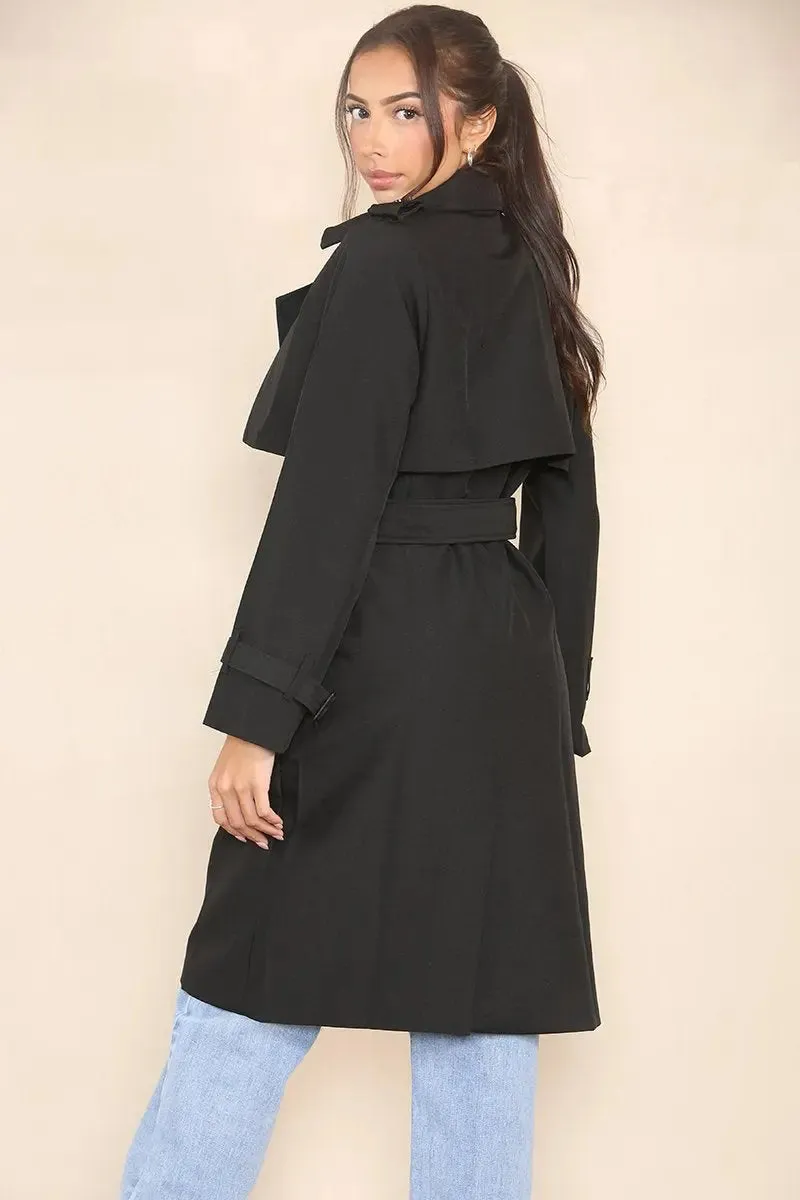 Black Notch Lapel Double Breasted Belt Decor Trench Coat