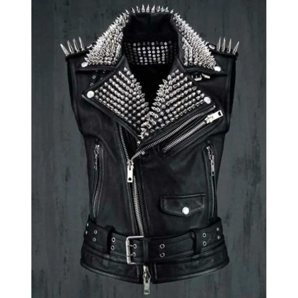 Black Punk Spiked Studded Vest Jacket - Handmade