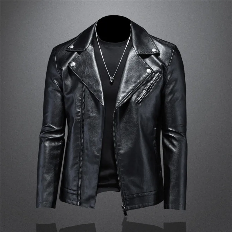 Black Solid Zipper Style PU Leather Man's Jacket