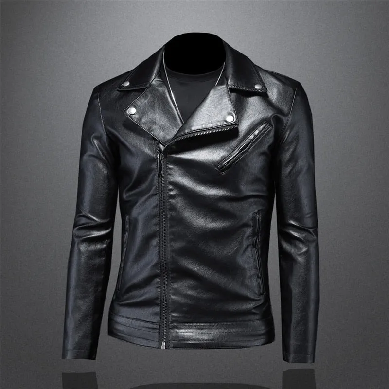 Black Solid Zipper Style PU Leather Man's Jacket