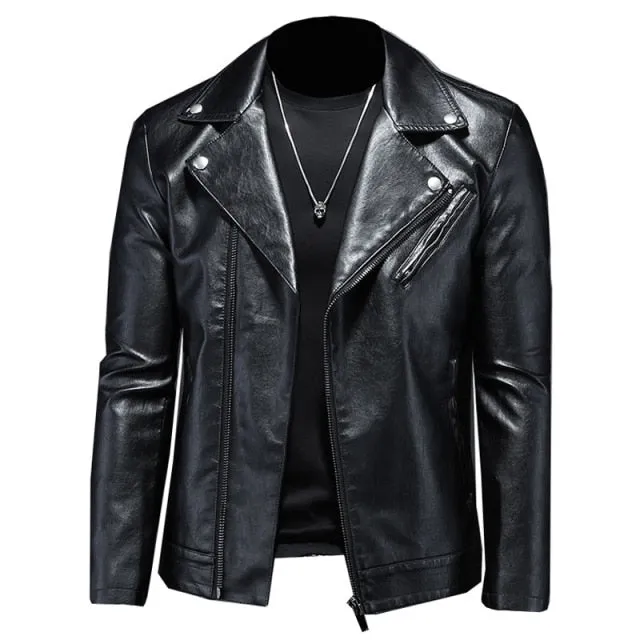 Black Solid Zipper Style PU Leather Man's Jacket