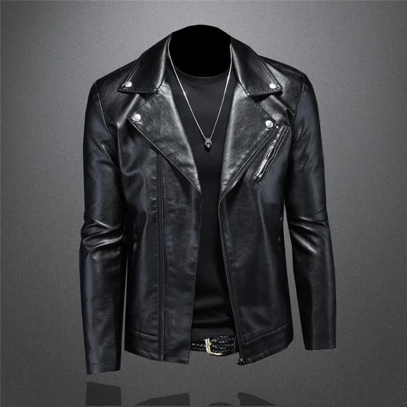 Black Solid Zipper Style PU Leather Man's Jacket