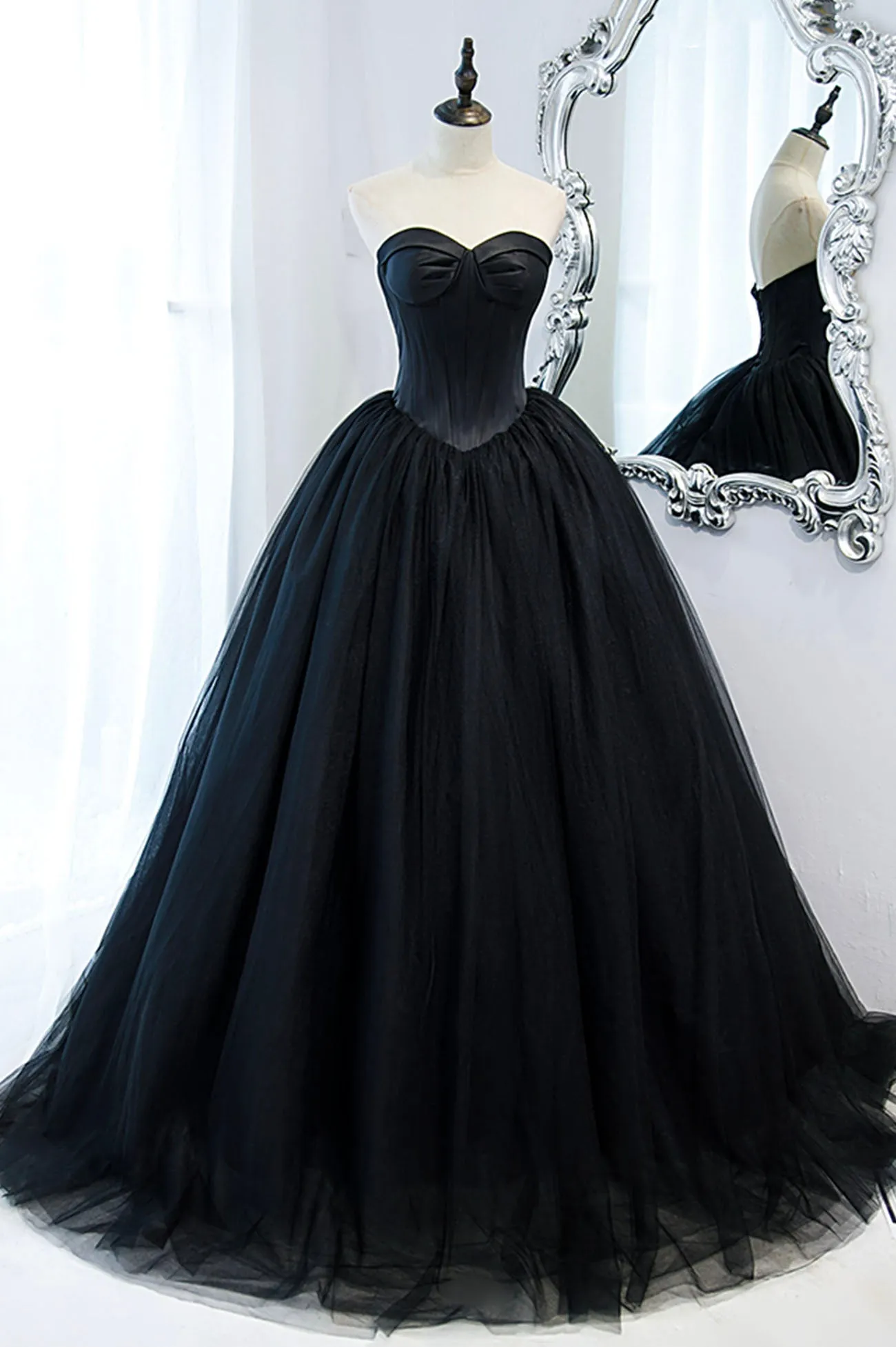 Black Strapless Tulle Long A-Line Prom Dress, Black Formal Evening Gown