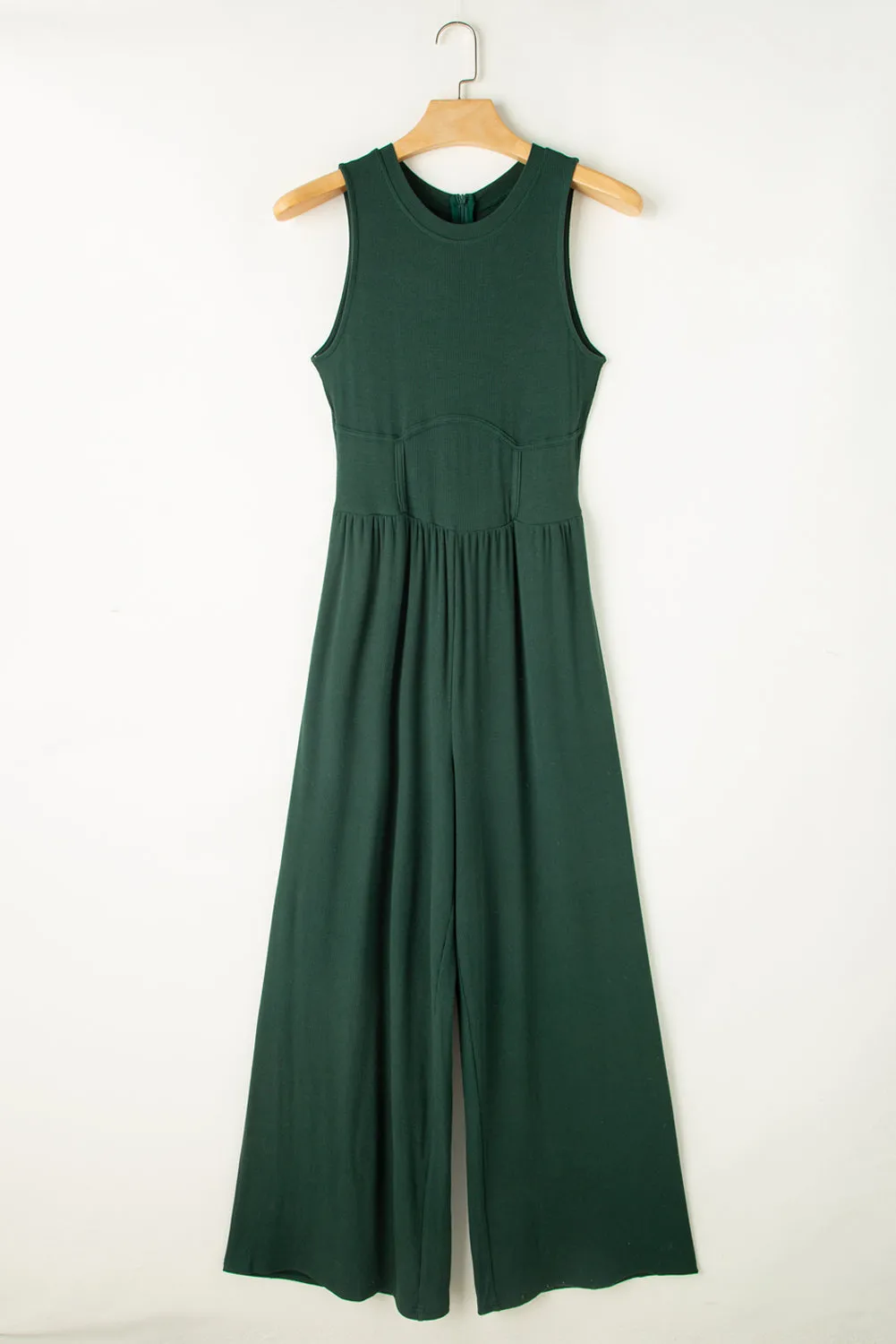 Blackish Green Cinched Waist Sleeveless Wide Leg Jumpsuit