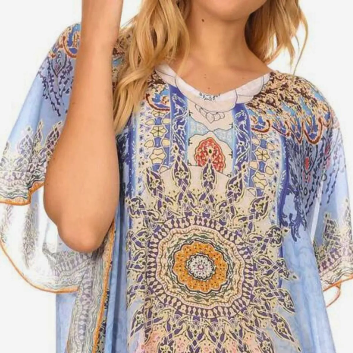 Blue Boho Print Poncho Top