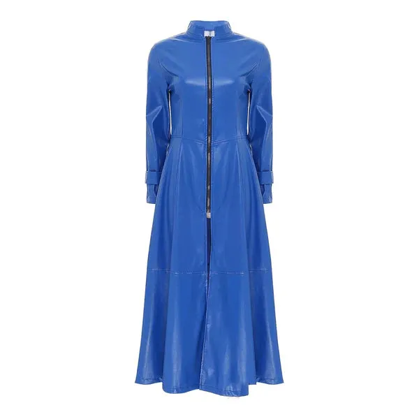 Blue Full-Zip Ankle-Length Genuine Leather Trench Coat