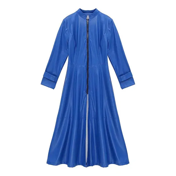 Blue Full-Zip Ankle-Length Genuine Leather Trench Coat