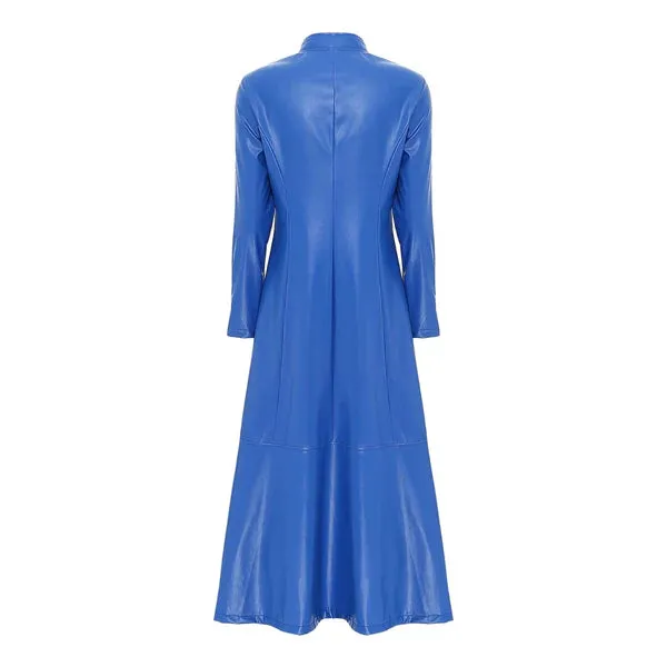 Blue Full-Zip Ankle-Length Genuine Leather Trench Coat