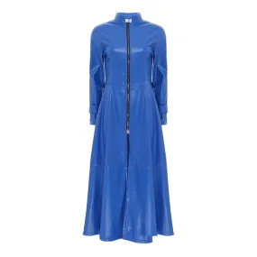 Blue Full-Zip Ankle-Length Genuine Leather Trench Coat