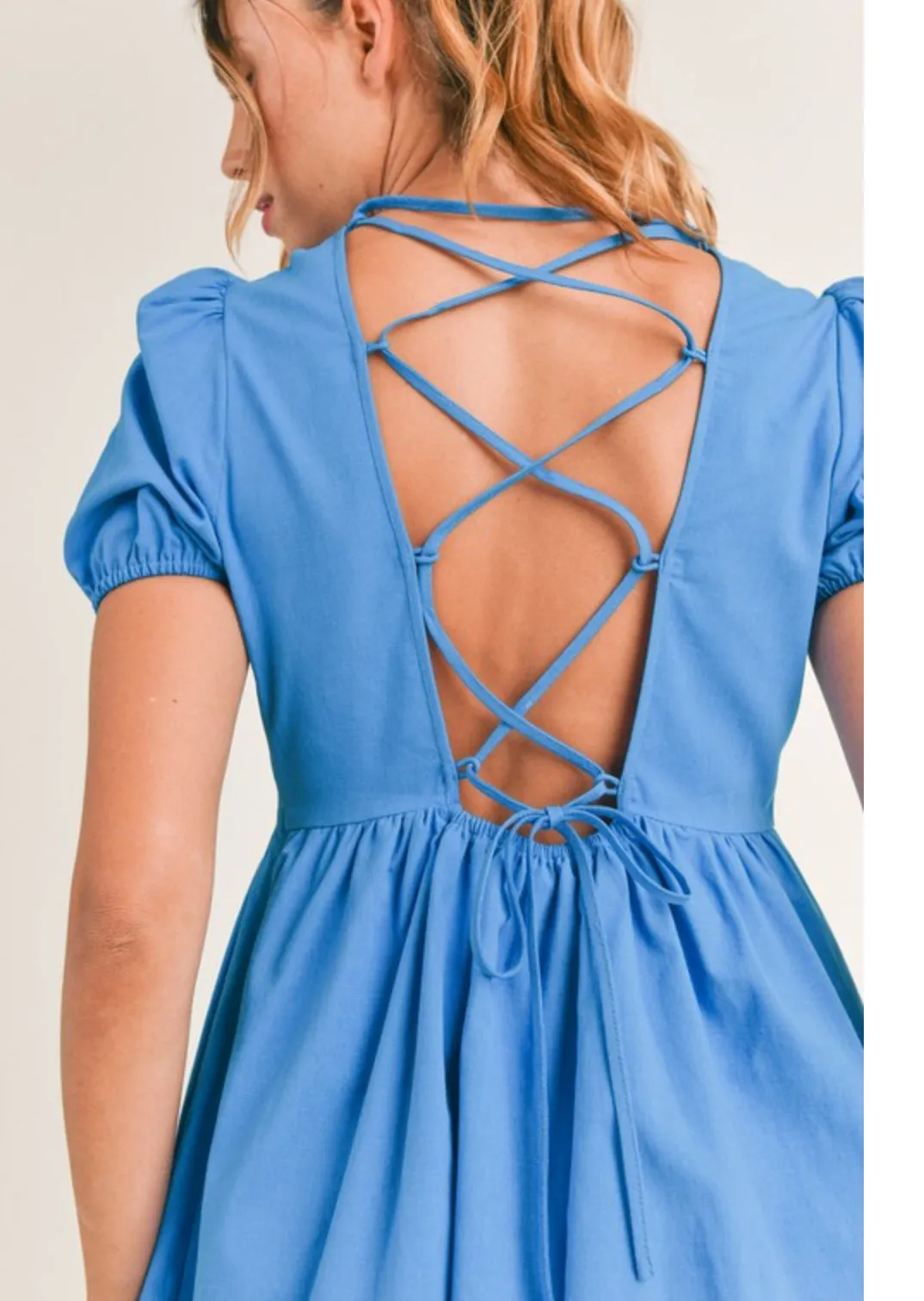 Blue short sleeve open back mini dress