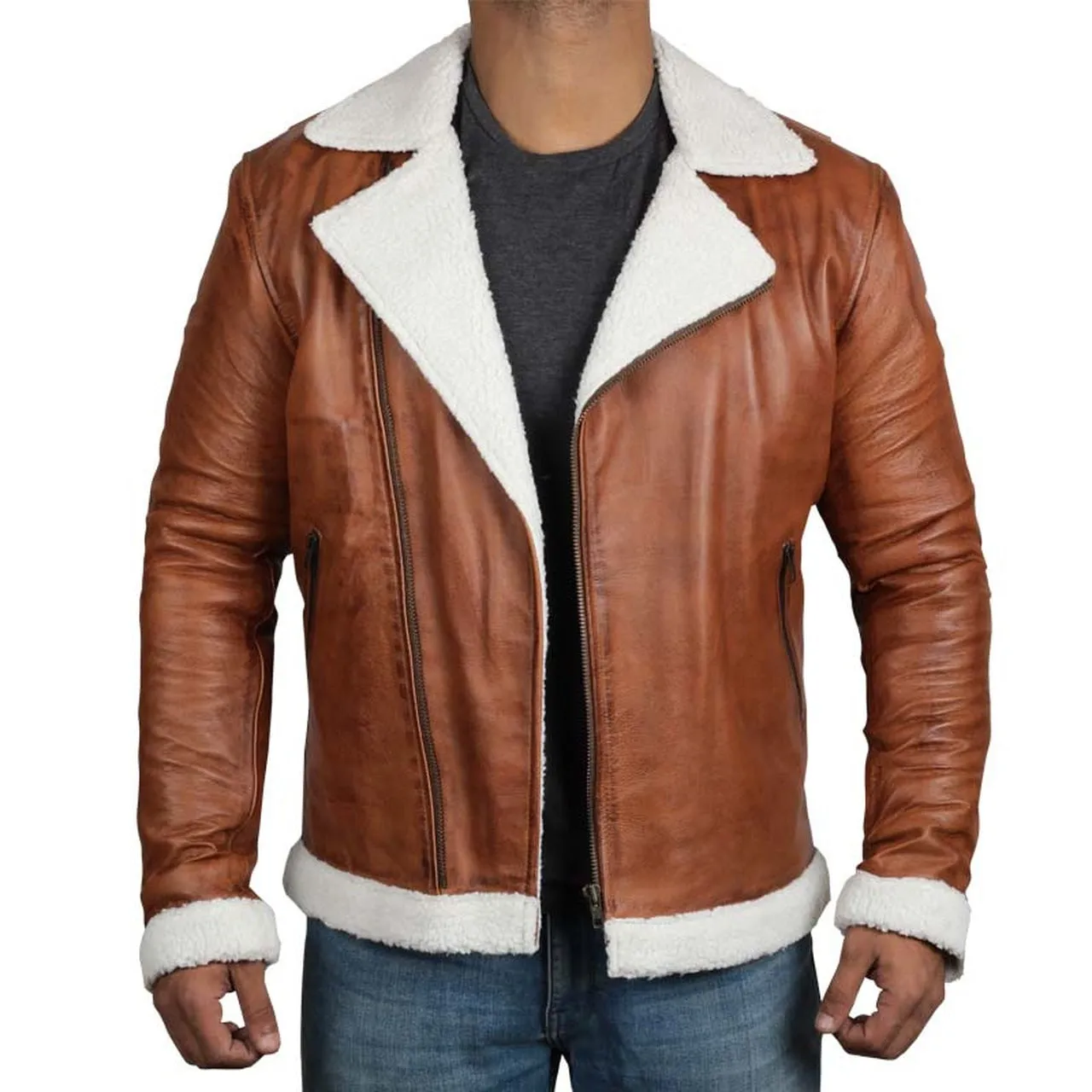 Brown Motorcycle Fur Leather Jacket for Men