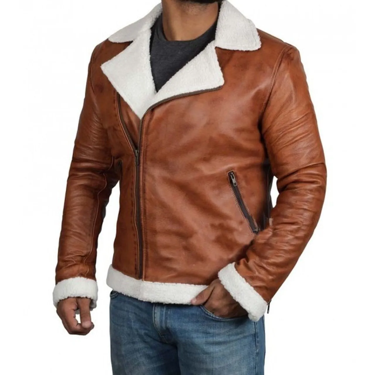 Brown Motorcycle Fur Leather Jacket for Men