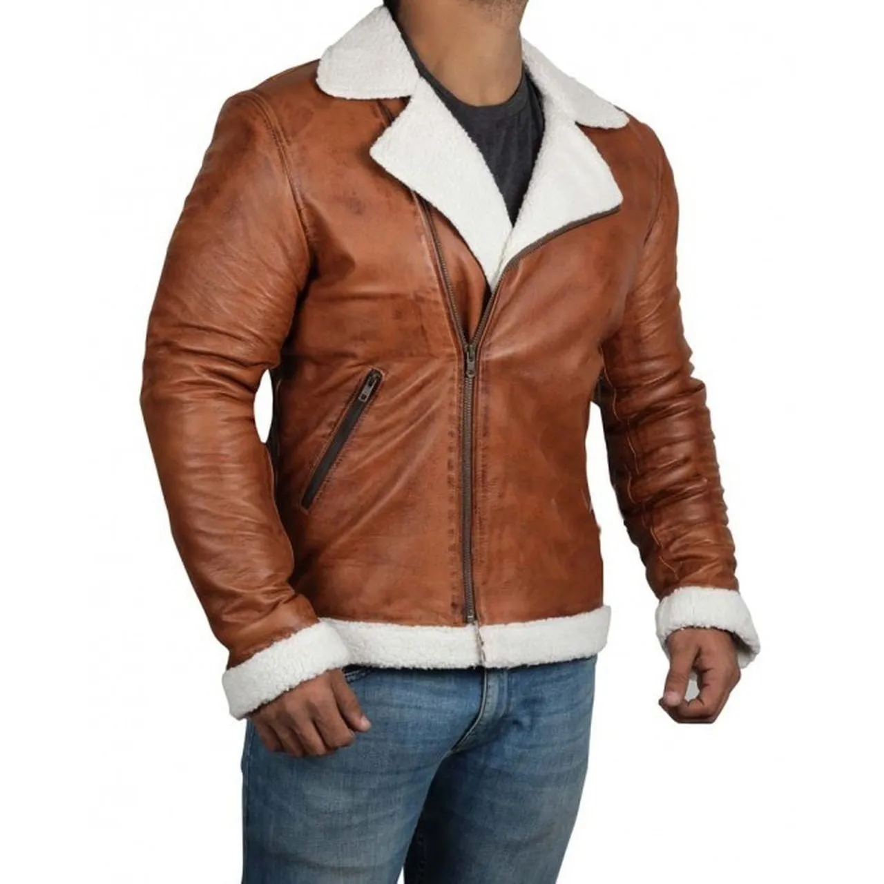 Brown Motorcycle Fur Leather Jacket for Men