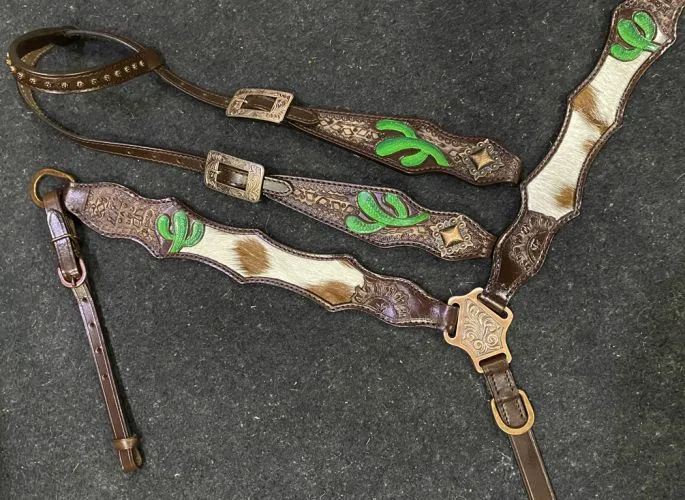 Cactus Cowhide Inlay Headstall Set