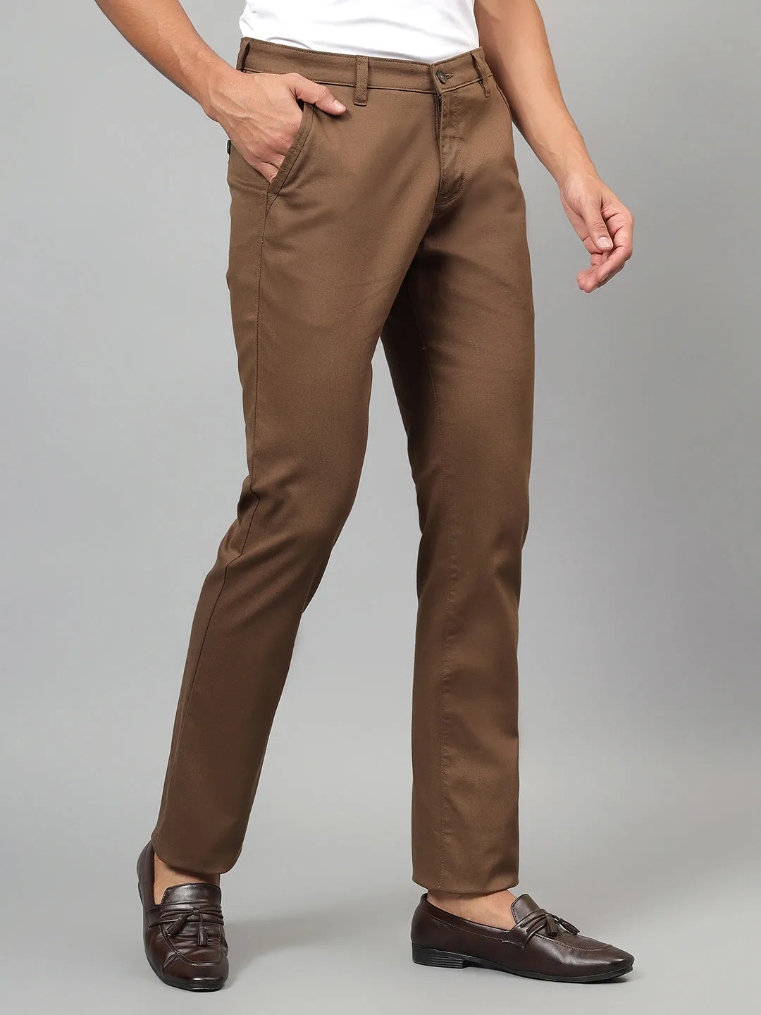 Cantabil Men's Brown Solid Non-Pleated Casual Trouser