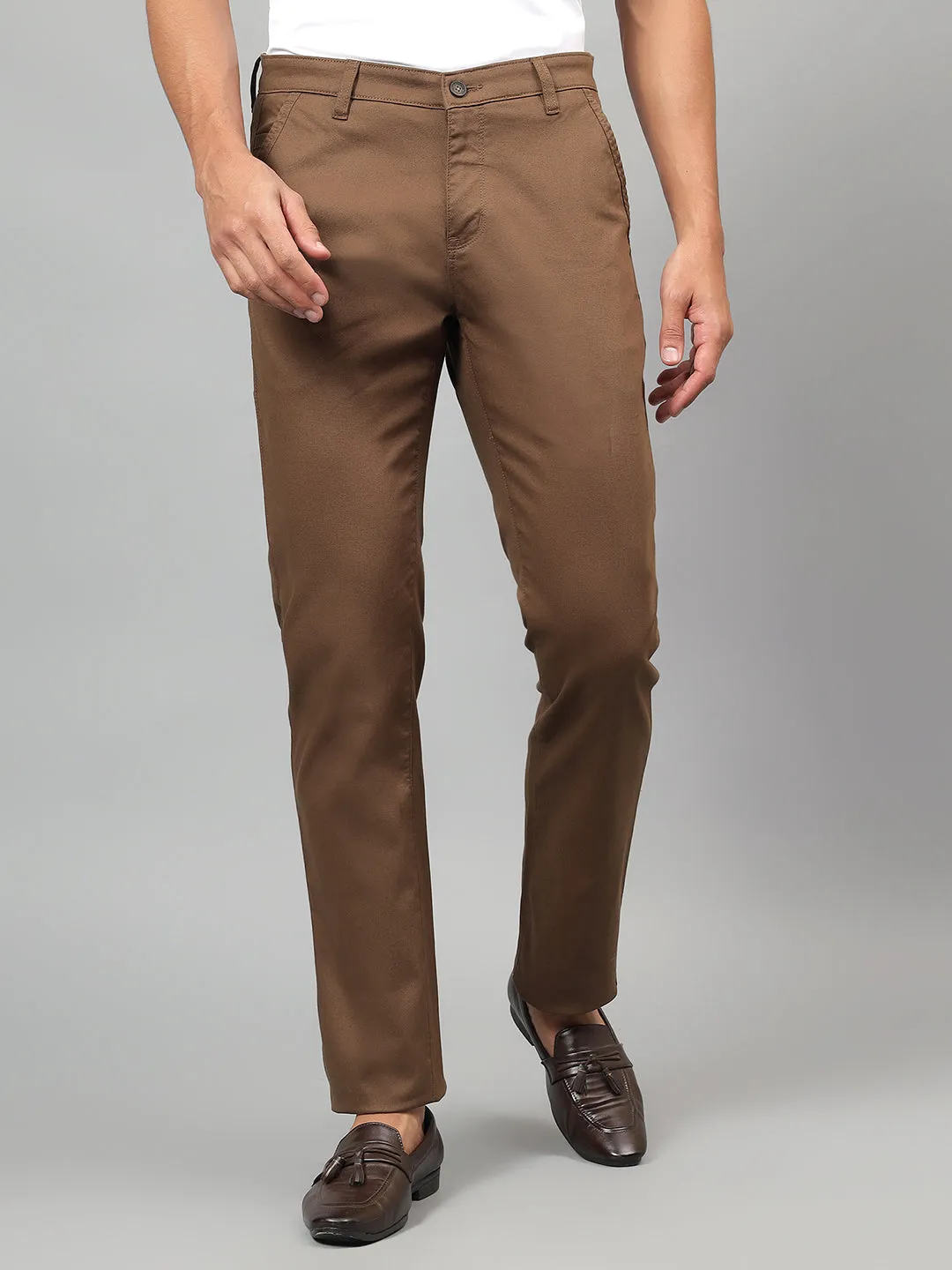 Cantabil Men's Brown Solid Non-Pleated Casual Trouser