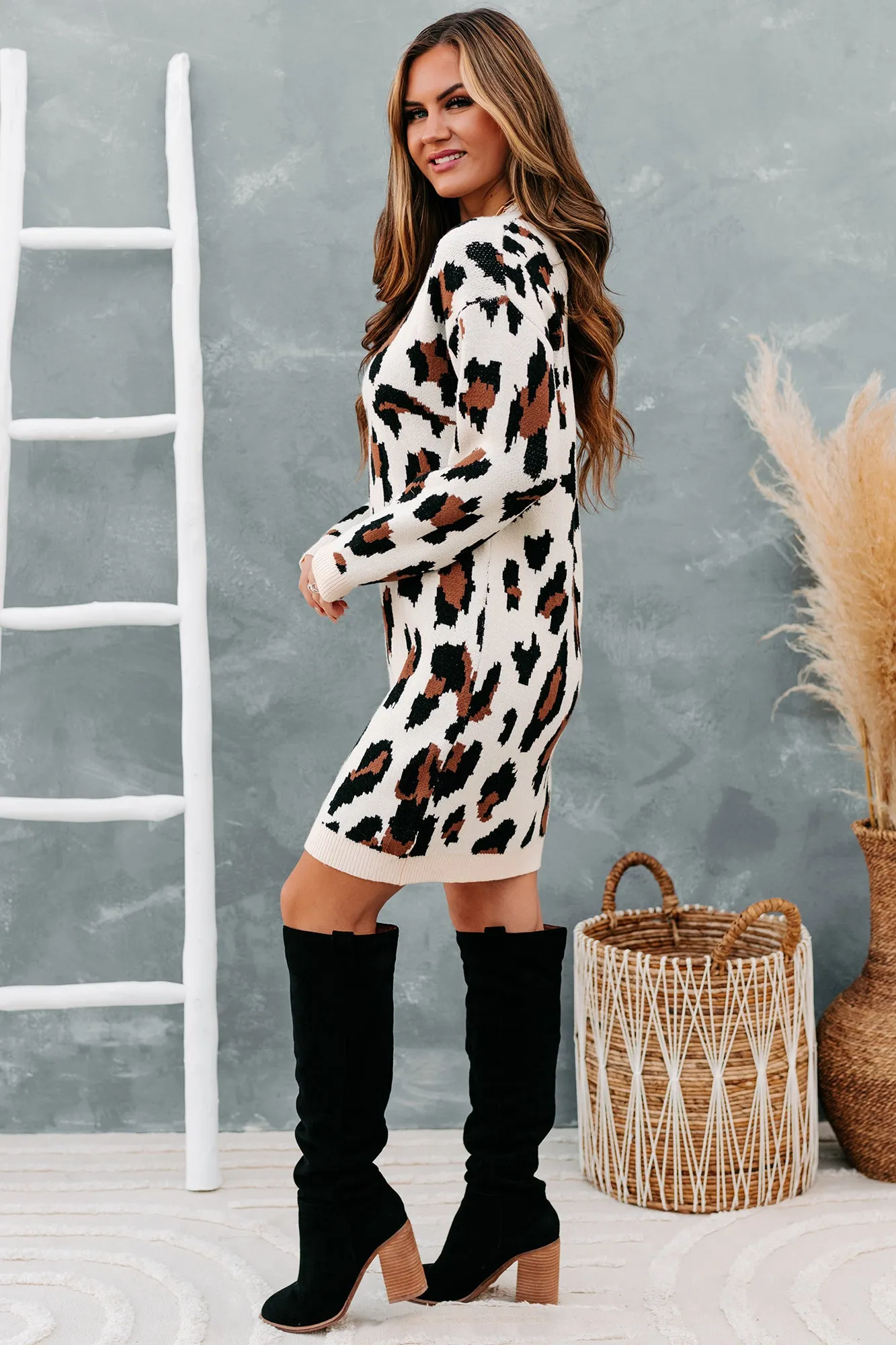 Cattitude Adjustment Leopard Print Sweater Dress (Cream Multi)