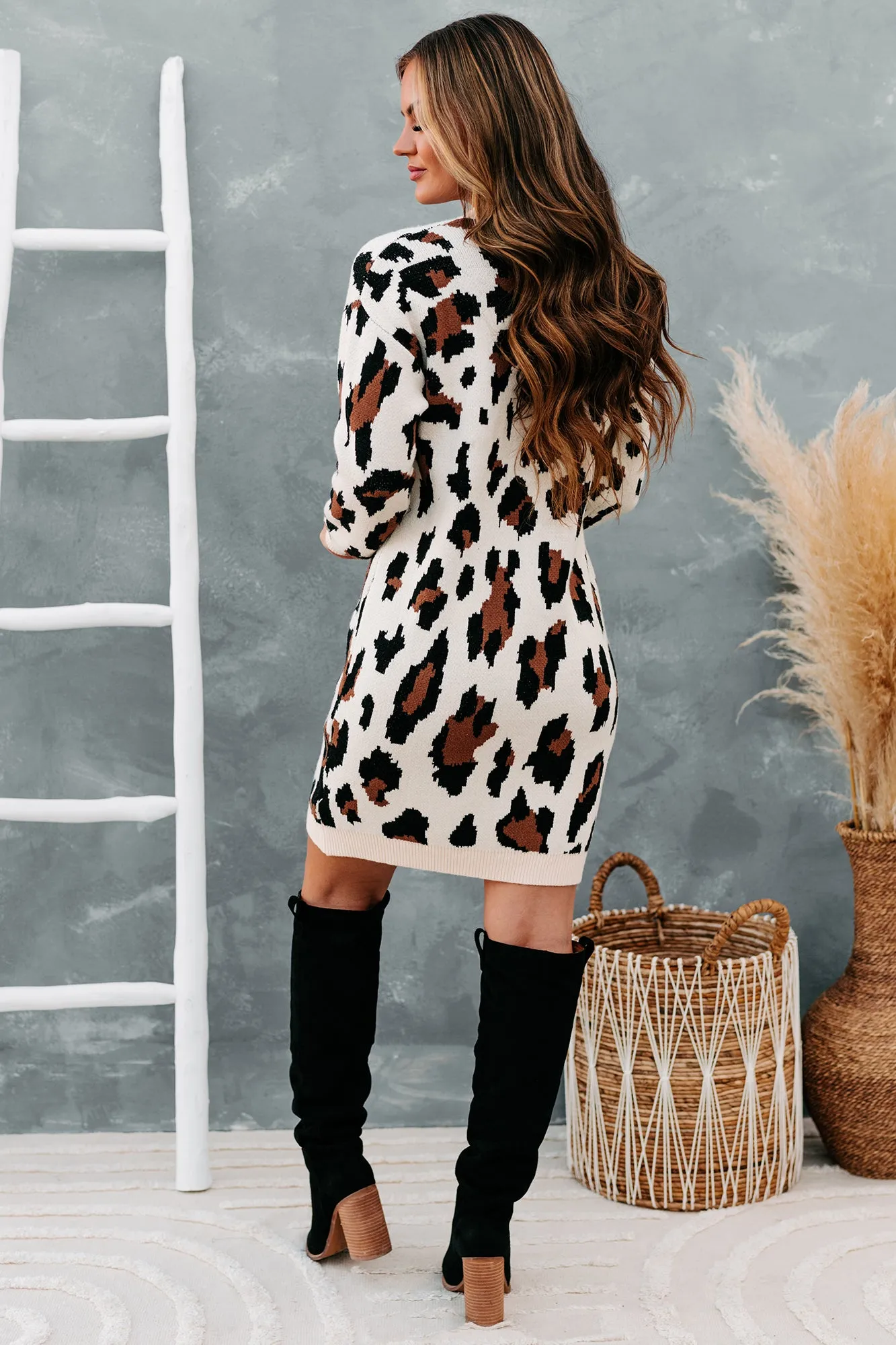 Cattitude Adjustment Leopard Print Sweater Dress (Cream Multi)