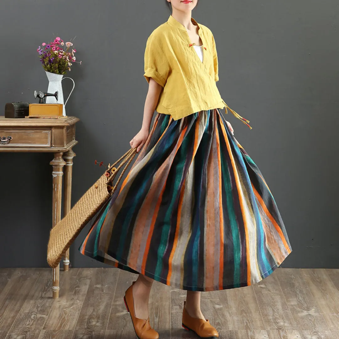 Colorful Striped Linen Midi Skirt