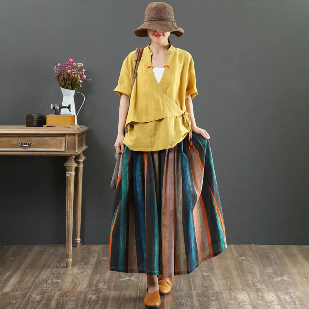 Colorful Striped Linen Midi Skirt