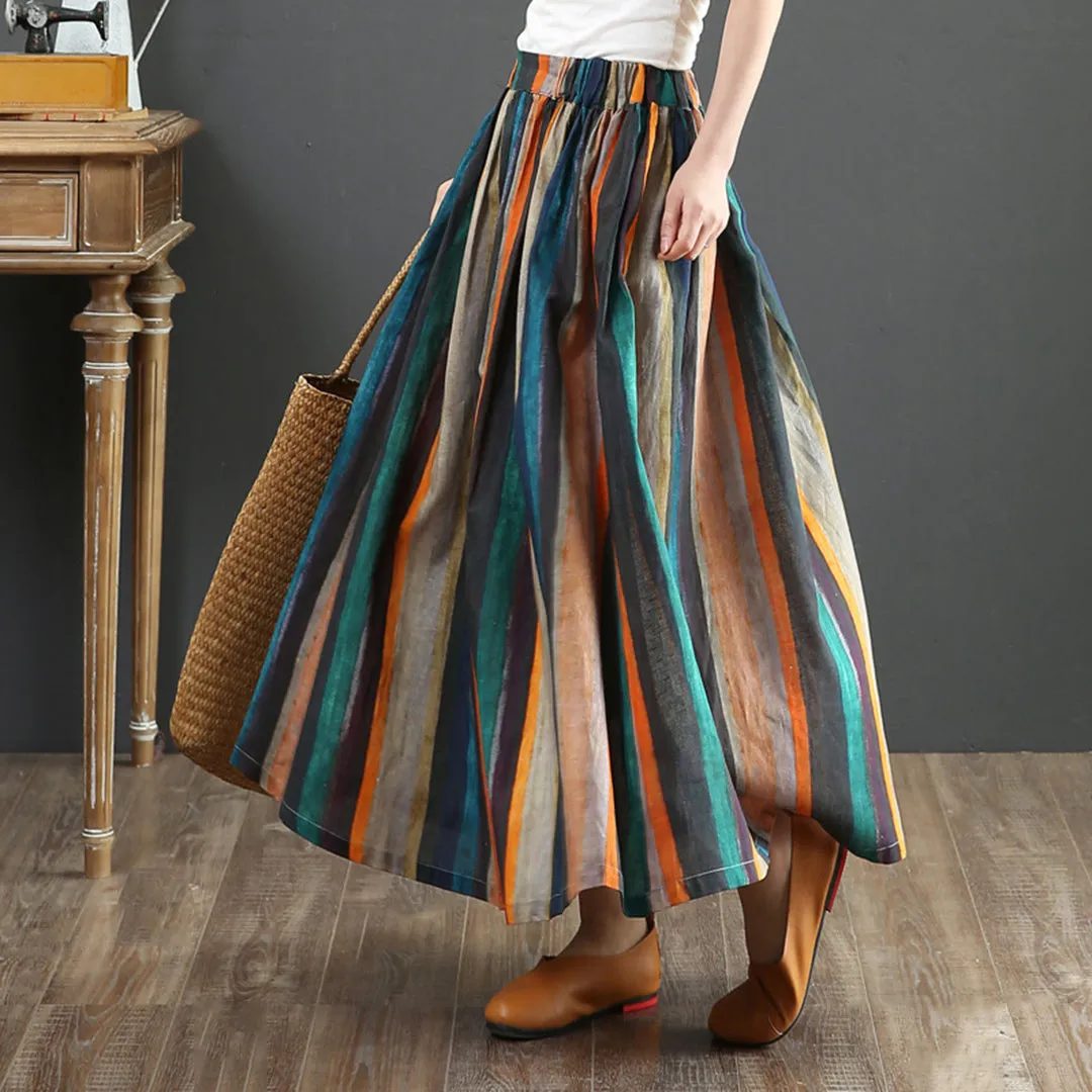 Colorful Striped Linen Midi Skirt