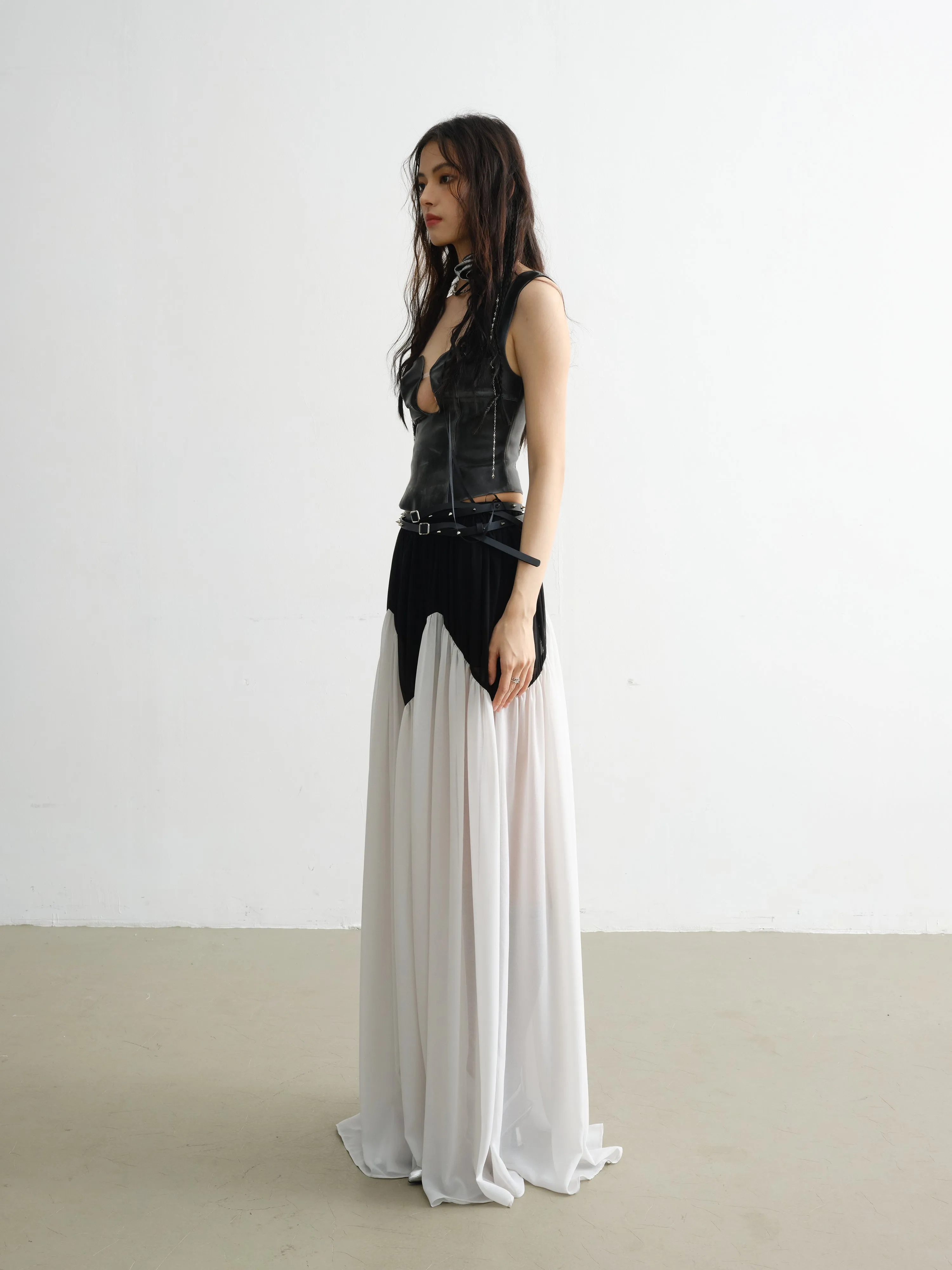 Contrast Stitching Rivet Decorative Belt Chiffon Skirt