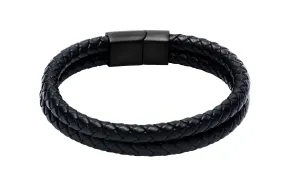 Coronado Black Leather Stainless Steel Bracelet