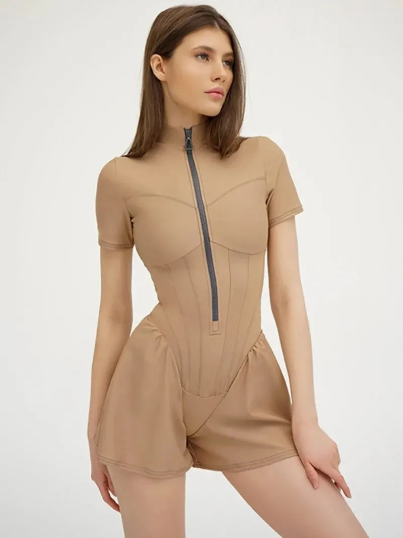 Corset Short Sleeve Zip Down Jumpsuit