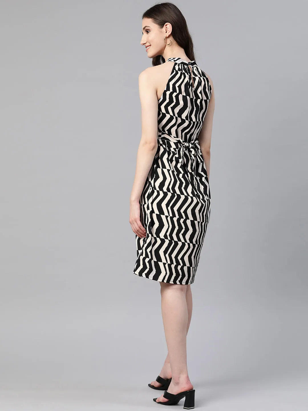 Cottinfab Chevron Print Halter Neck Crepe A-Line Dress With Tie-Ups Detail